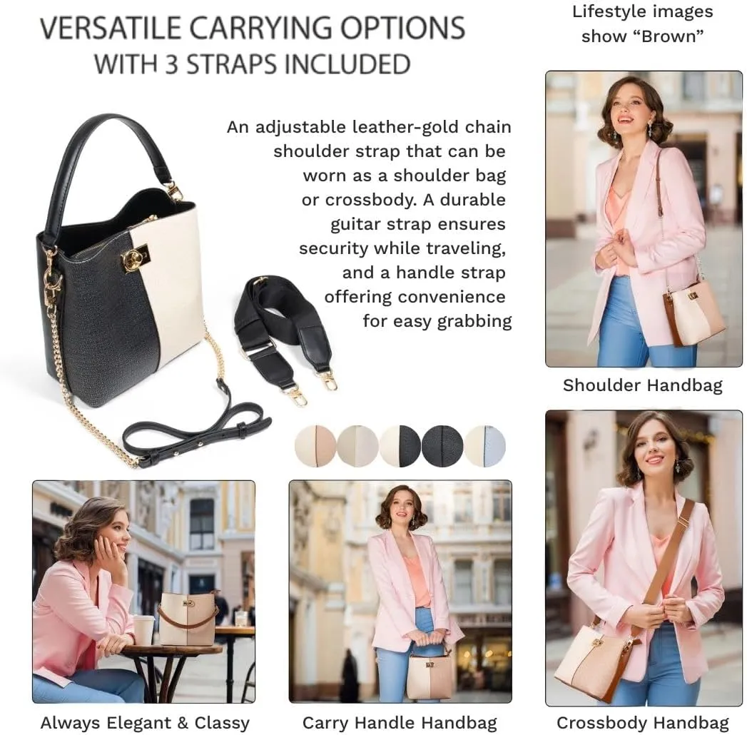 FOLSOM Leather Crossbody Bags for Women - 5 Colors | Leather Bucket Bags for Women - 3 Straps, 3 Compartments, & 3 Closures