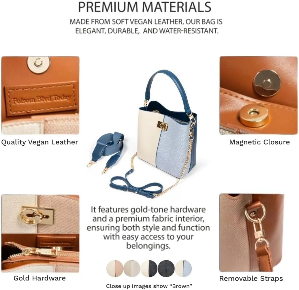FOLSOM Leather Crossbody Bags for Women - 5 Colors | Leather Bucket Bags for Women - 3 Straps, 3 Compartments, & 3 Closures