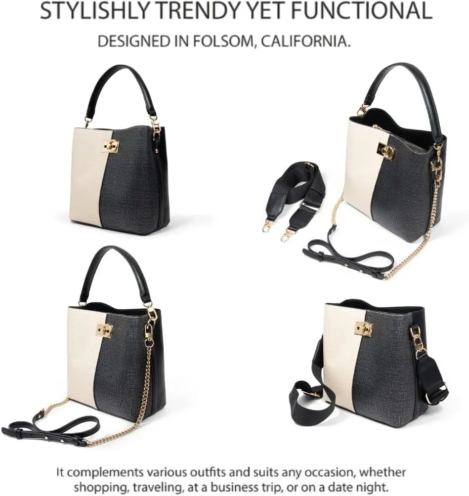 FOLSOM Leather Crossbody Bags for Women - 5 Colors | Leather Bucket Bags for Women - 3 Straps, 3 Compartments, & 3 Closures