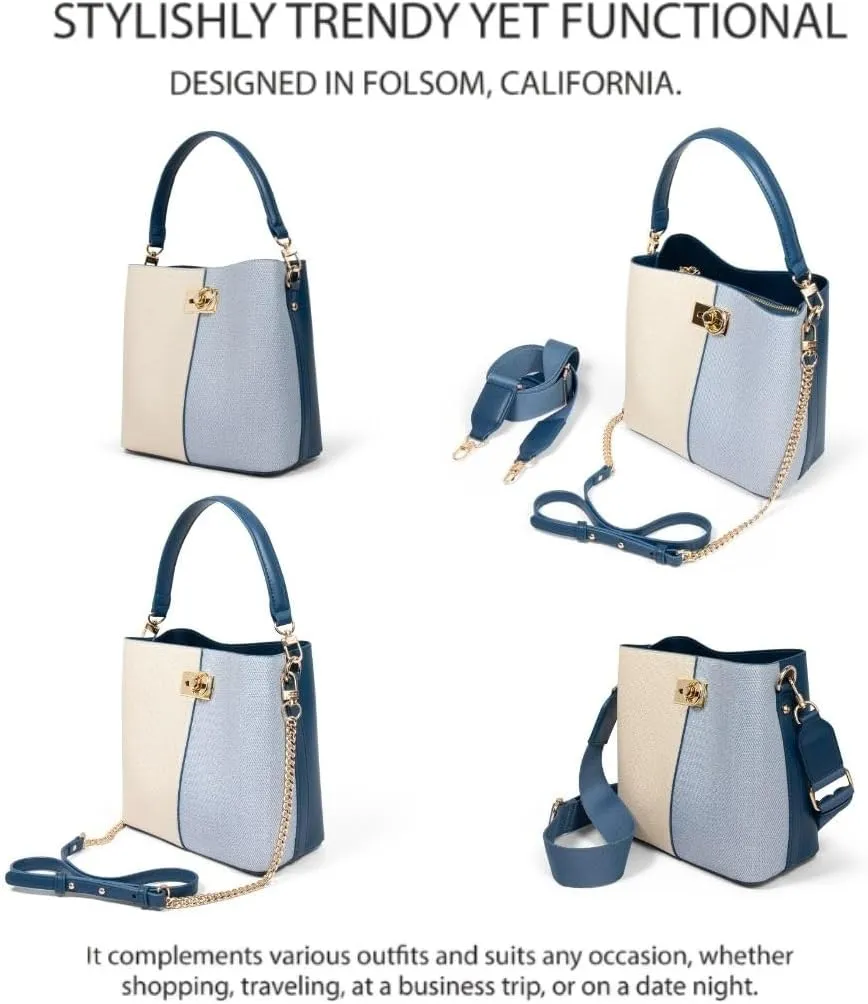 FOLSOM Leather Crossbody Bags for Women - 5 Colors | Leather Bucket Bags for Women - 3 Straps, 3 Compartments, & 3 Closures