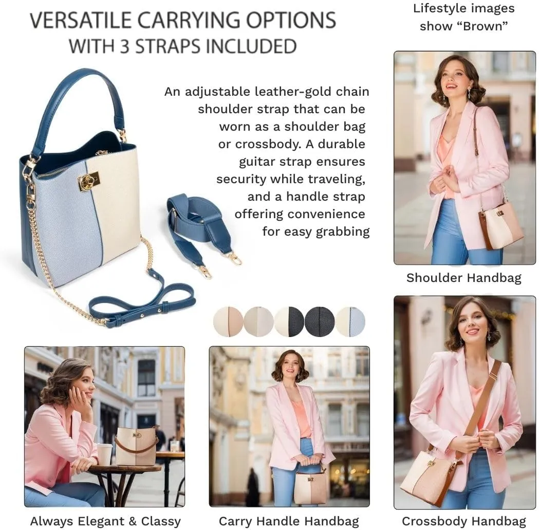FOLSOM Leather Crossbody Bags for Women - 5 Colors | Leather Bucket Bags for Women - 3 Straps, 3 Compartments, & 3 Closures