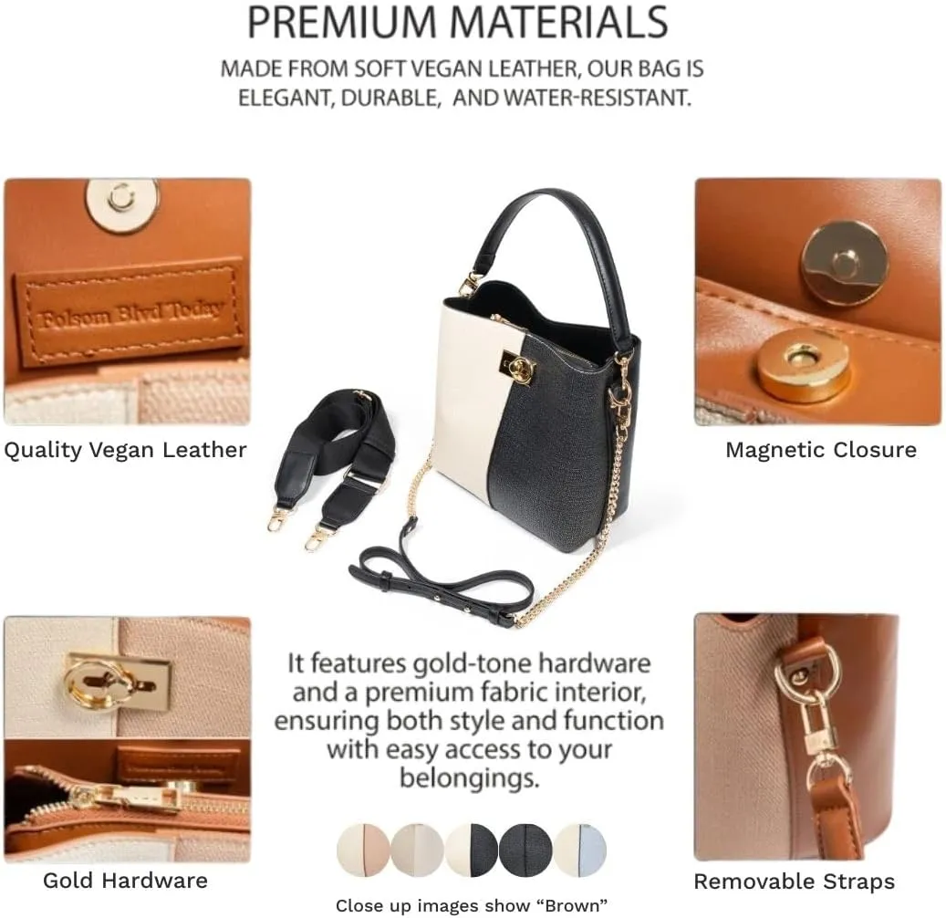 FOLSOM Leather Crossbody Bags for Women - 5 Colors | Leather Bucket Bags for Women - 3 Straps, 3 Compartments, & 3 Closures
