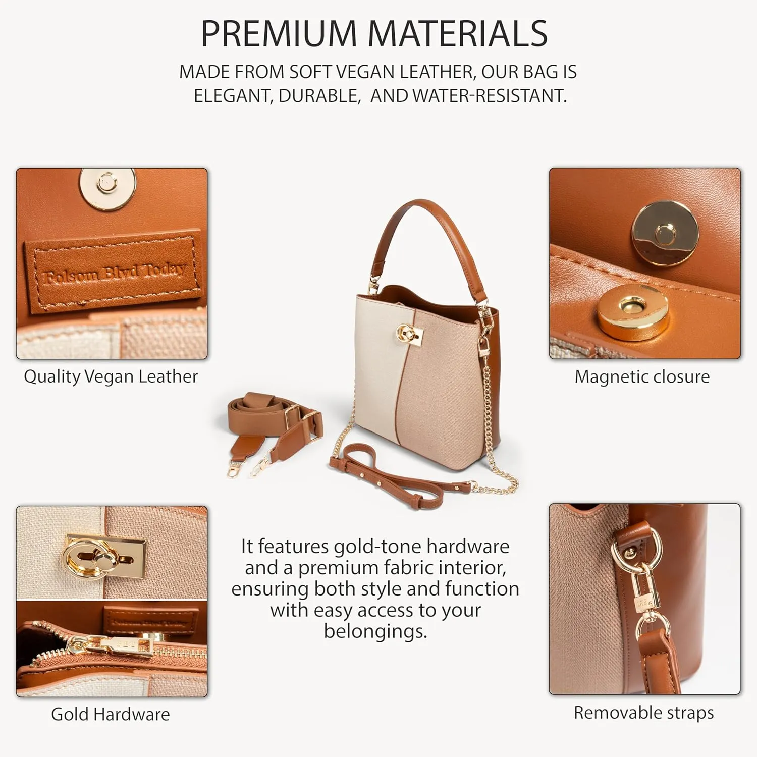 FOLSOM Leather Crossbody Bags for Women - 5 Colors | Leather Bucket Bags for Women - 3 Straps, 3 Compartments, & 3 Closures