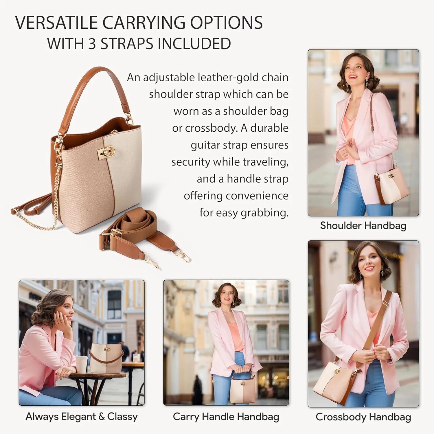 FOLSOM Leather Crossbody Bags for Women - 5 Colors | Leather Bucket Bags for Women - 3 Straps, 3 Compartments, & 3 Closures