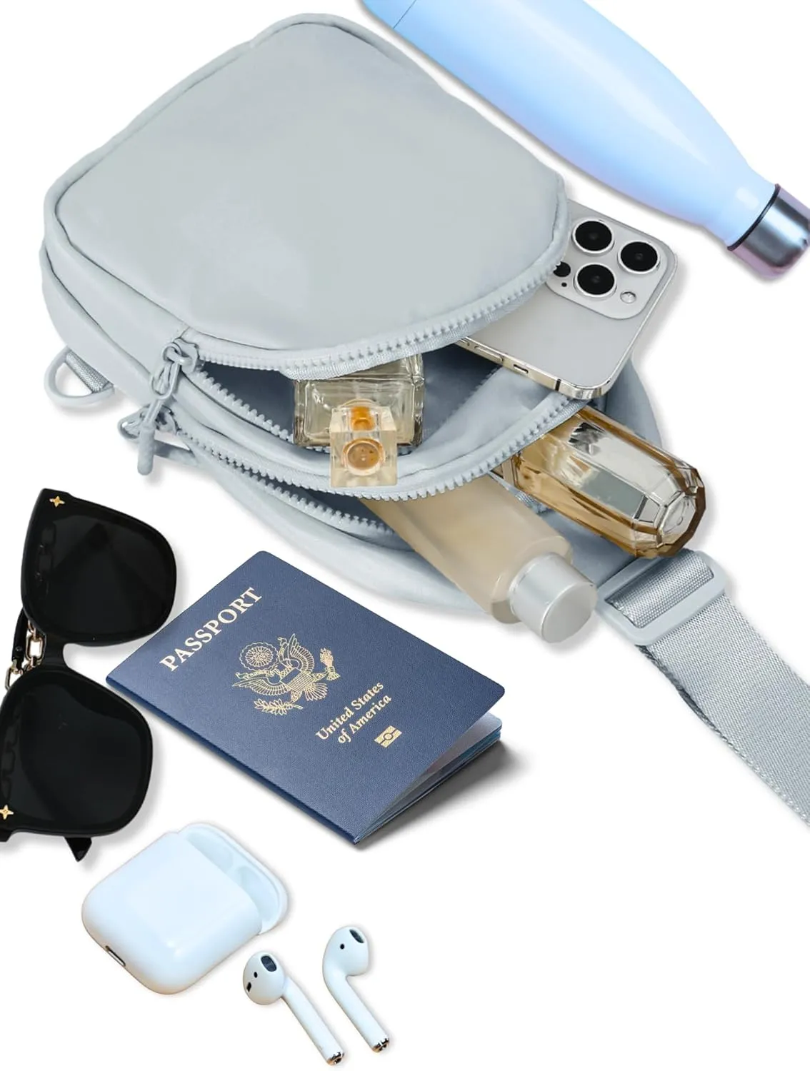 FORZAROCKET Sling Bag Double Compartment w/Long Strap 70" - Crossbody Bag w/Extended Strap - Women Men Fanny Pack - Two-way Durable Zipper - Compact Sling Backpack - Plus Size Friendly, Light Grey