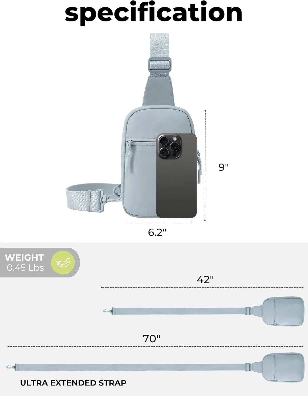 FORZAROCKET Ultralight Sling Bag w/Long Strap 70" – Small Crossbody Bag w/Extended Strap – Women Men Fanny Pack w/Anti-Theft Pocket – Two-Way Durable Zipper – Travel & Plus Size Friendly, Light Grey