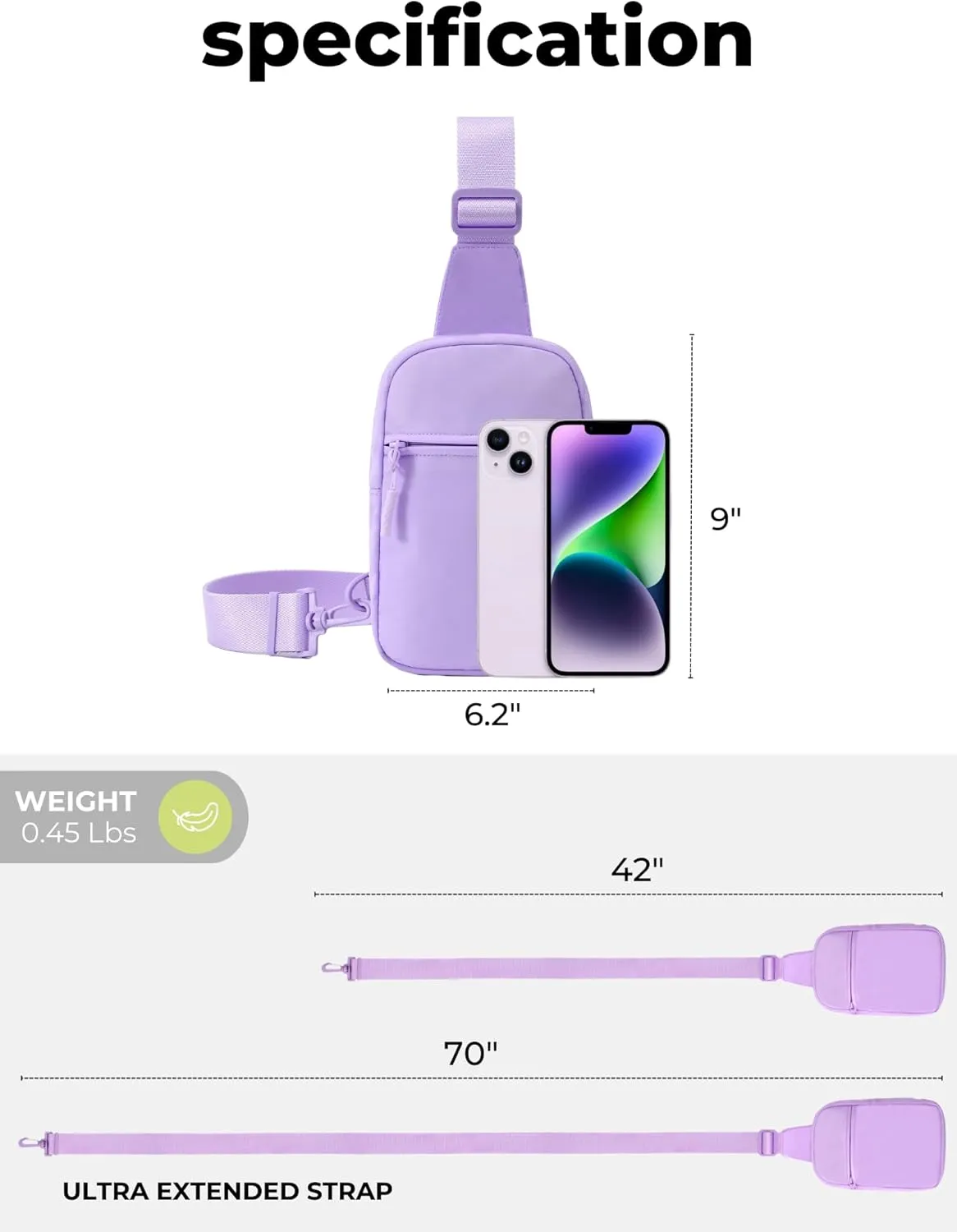 FORZAROCKET Ultralight Sling Bag w/Long Strap 70" – Small Crossbody Bag w/Extended Strap – Women Men Fanny Pack w/Anti-Theft Pocket – Two-Way Durable Zipper – Travel & Plus Size Friendly, Light Purple