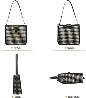 FOXLOVER Houndstooth Fabric Shoulder Bag for Women Top Handle Bucket Purse Casual Retro Portable Adjustable Straps