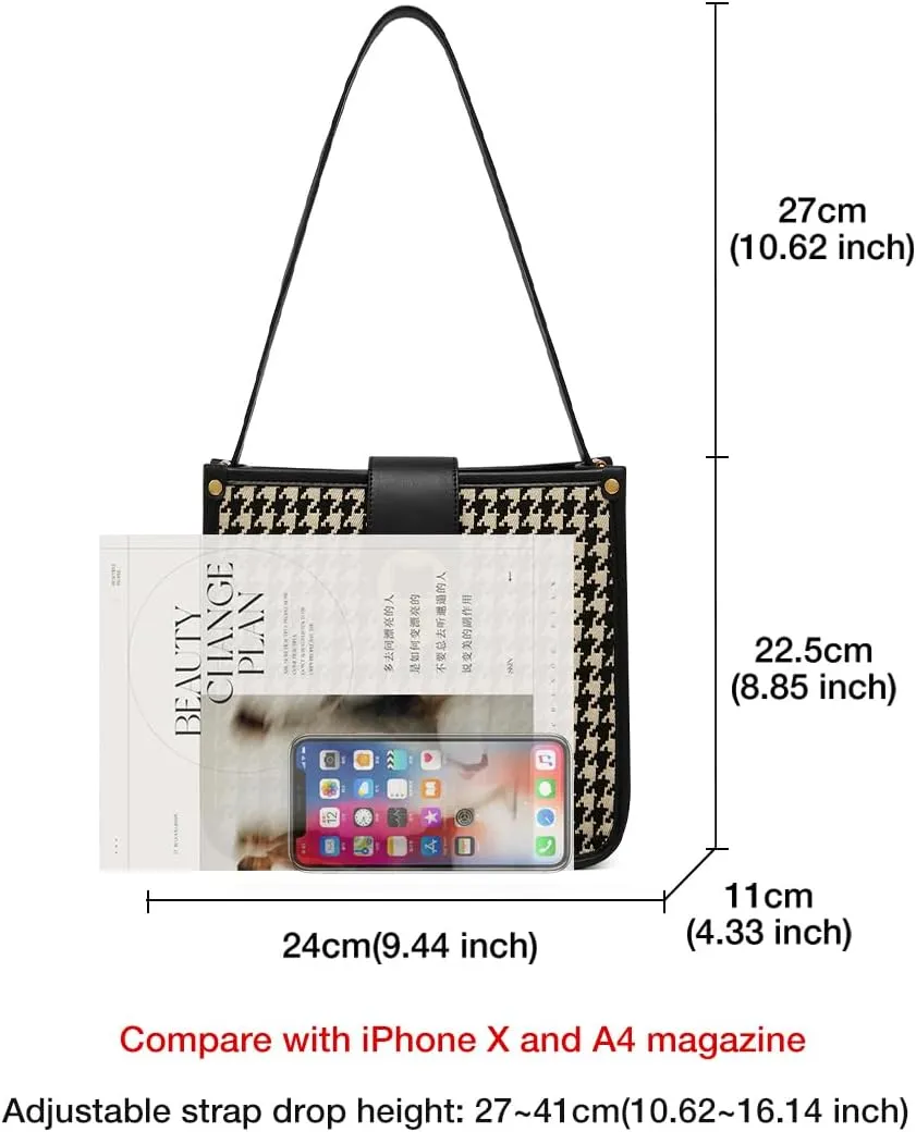 FOXLOVER Houndstooth Fabric Shoulder Bag for Women Top Handle Bucket Purse Casual Retro Portable Adjustable Straps
