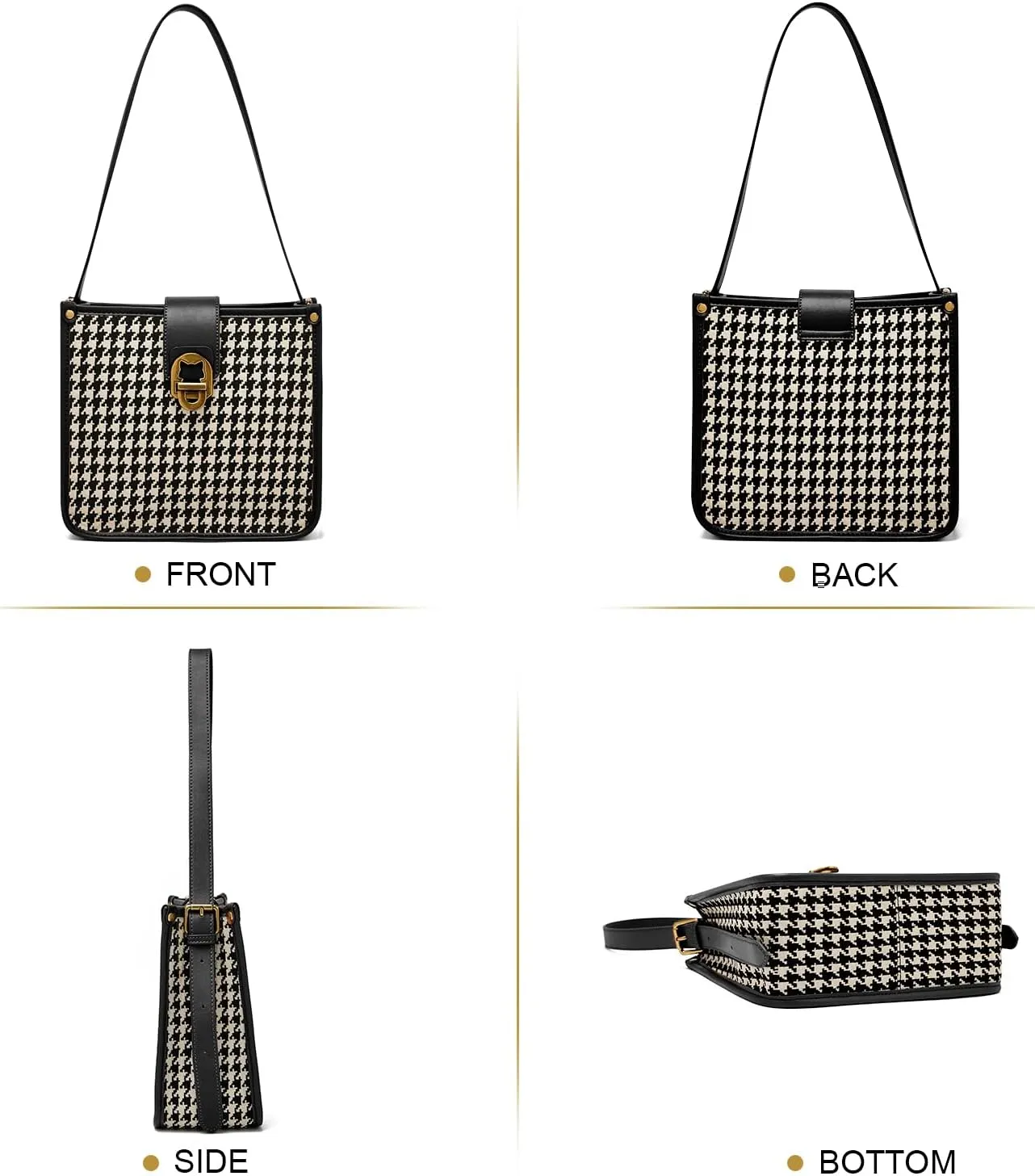 FOXLOVER Houndstooth Fabric Shoulder Bag for Women Top Handle Bucket Purse Casual Retro Portable Adjustable Straps