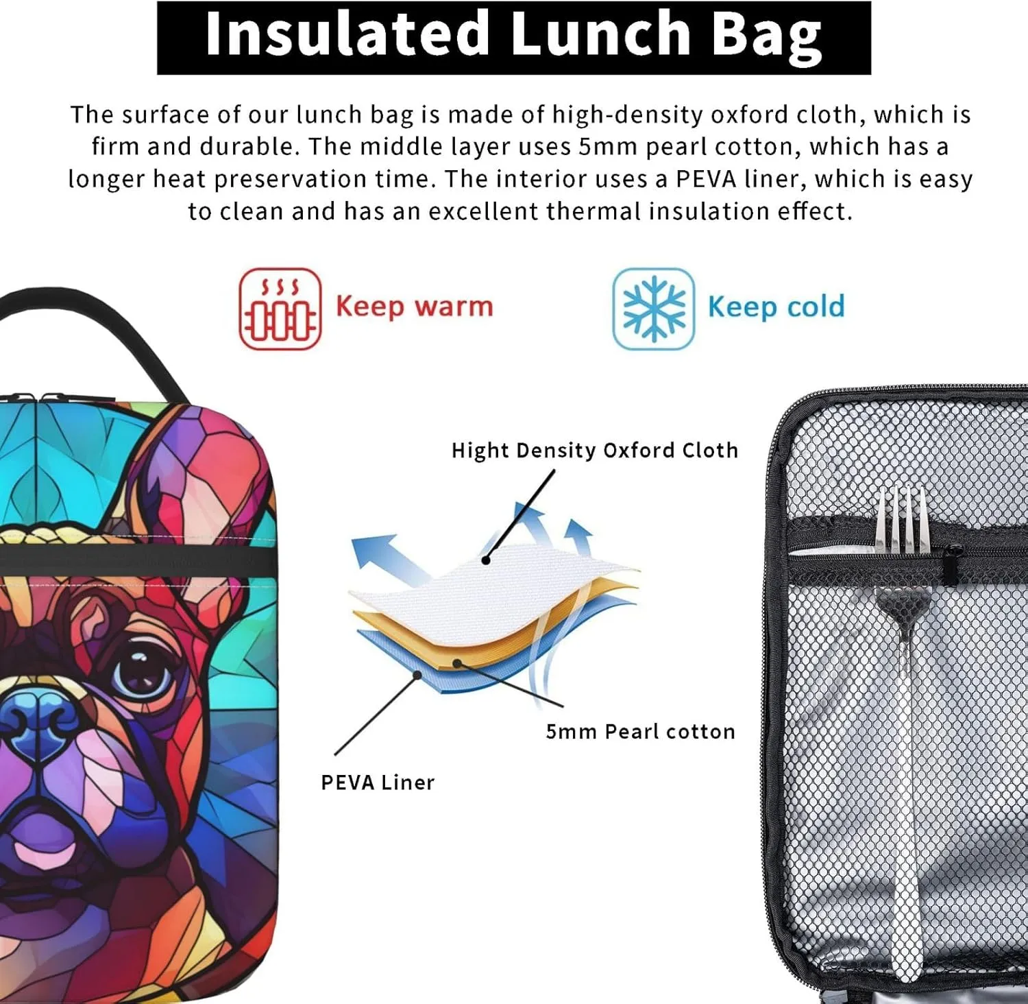 French Bulldog Stained Dog Breed Glass Art Insulated Lunch Box For Women Man, Portable Lunch Bag Reusable Cooler Tote For Office Work Travel Picnic Camping Beach