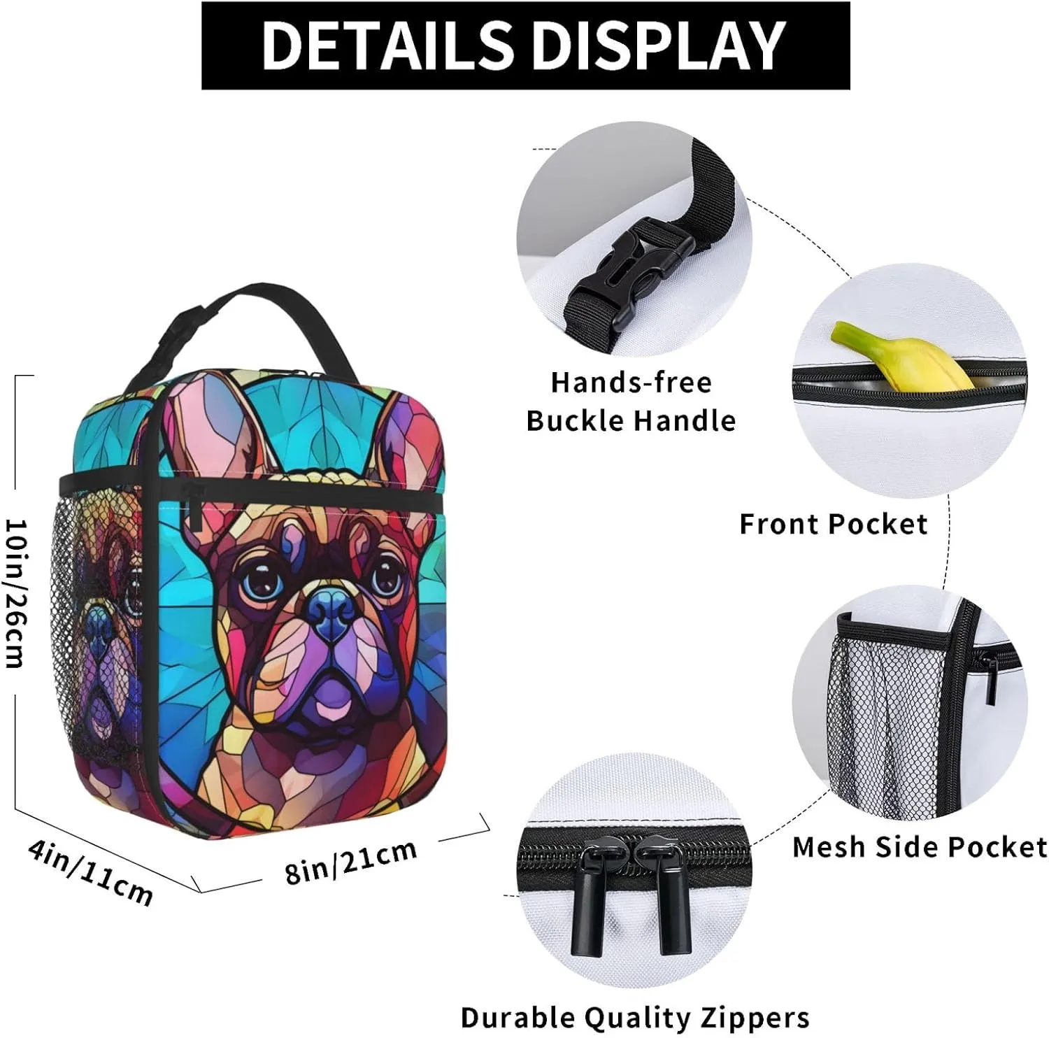 French Bulldog Stained Dog Breed Glass Art Insulated Lunch Box For Women Man, Portable Lunch Bag Reusable Cooler Tote For Office Work Travel Picnic Camping Beach