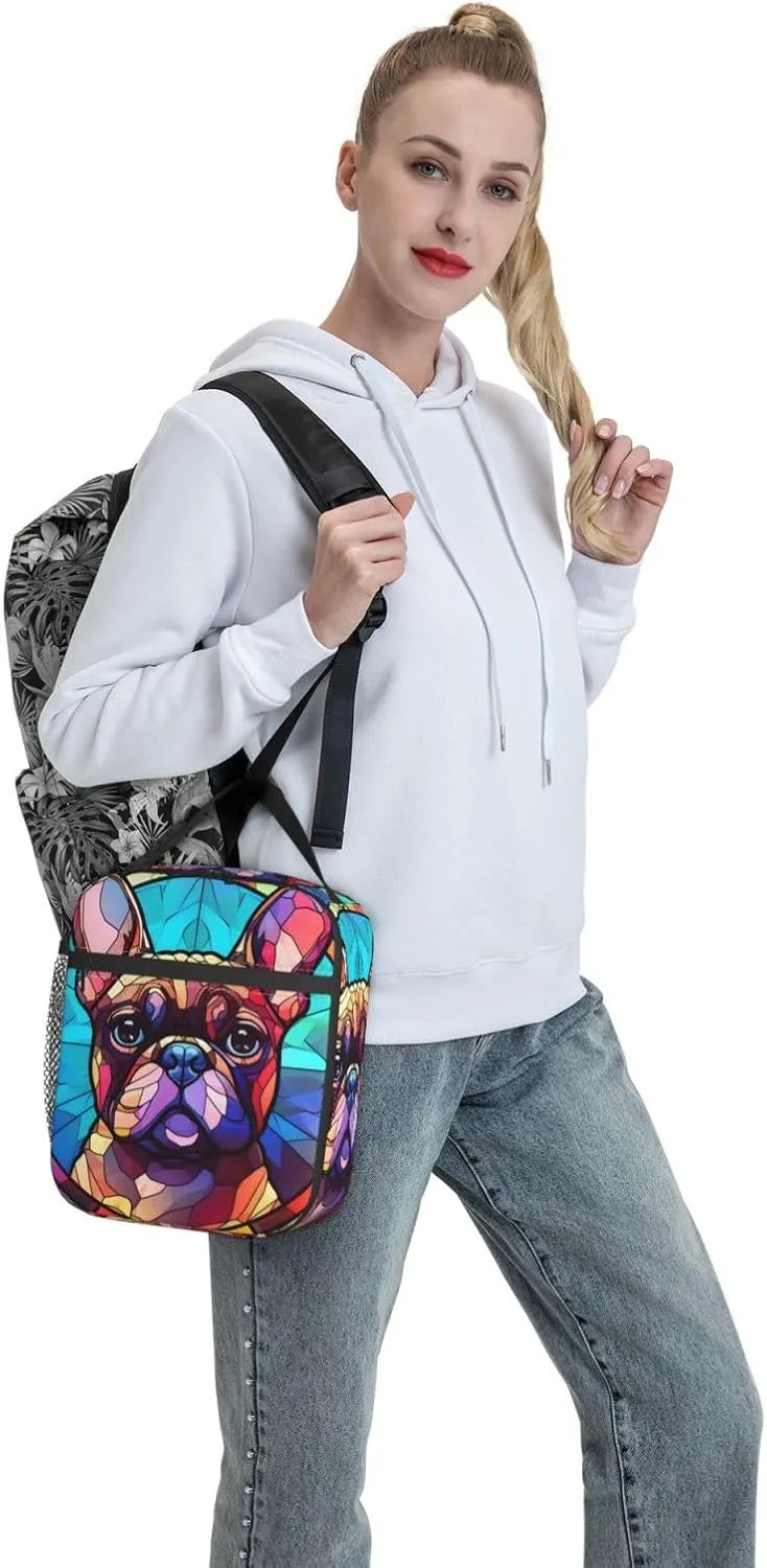 French Bulldog Stained Dog Breed Glass Art Insulated Lunch Box For Women Man, Portable Lunch Bag Reusable Cooler Tote For Office Work Travel Picnic Camping Beach