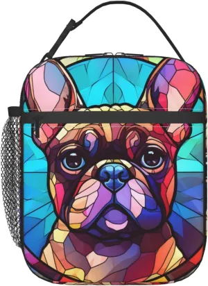 French Bulldog Stained Dog Breed Glass Art Insulated Lunch Box For Women Man, Portable Lunch Bag Reusable Cooler Tote For Office Work Travel Picnic Camping Beach