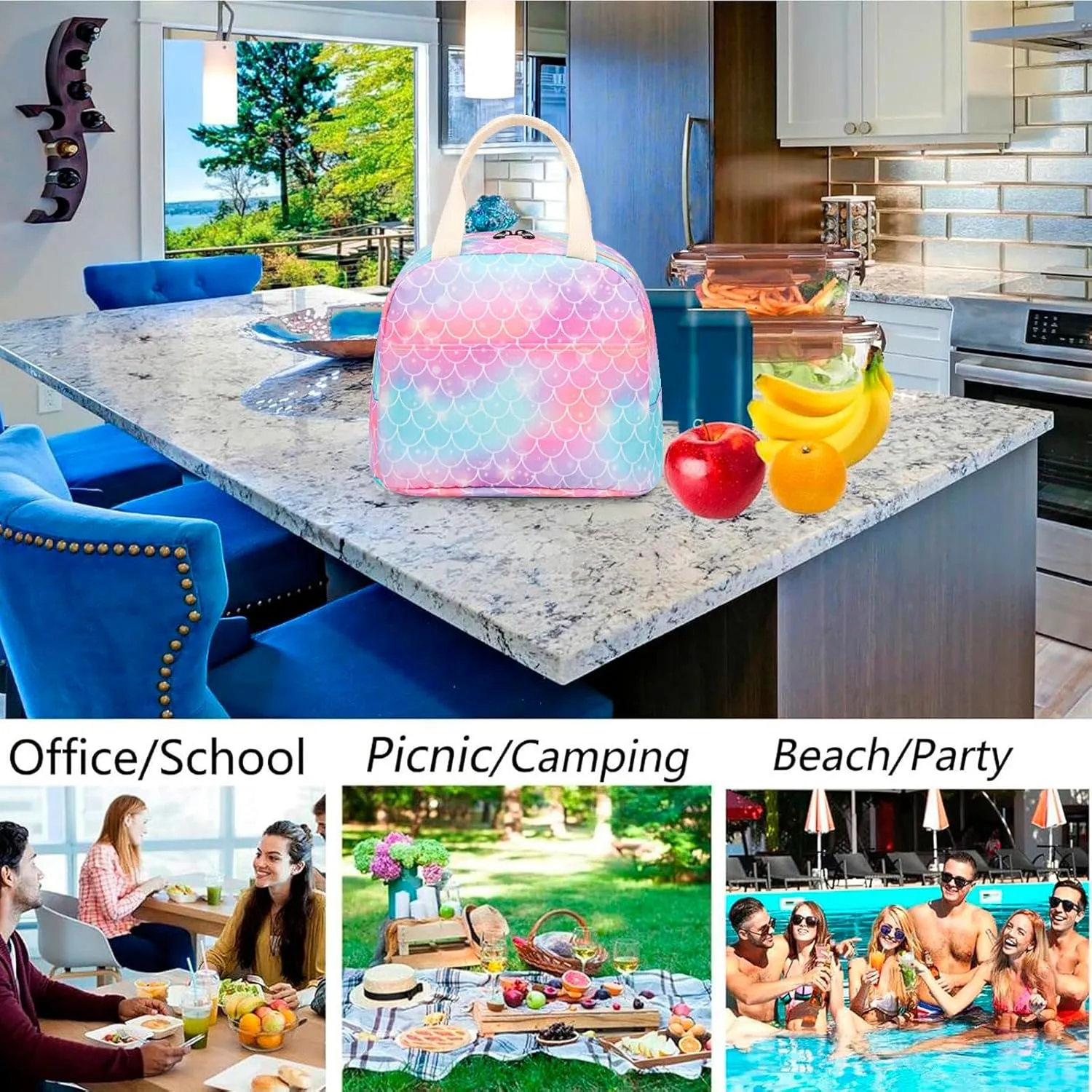 Fuyicat Mermaid Lunch Bag for Women Girls, Insulated Aluminum Foil Interior, 9.4x7x8.3 Inch, Perfect for Work, School, Picnics, Travel