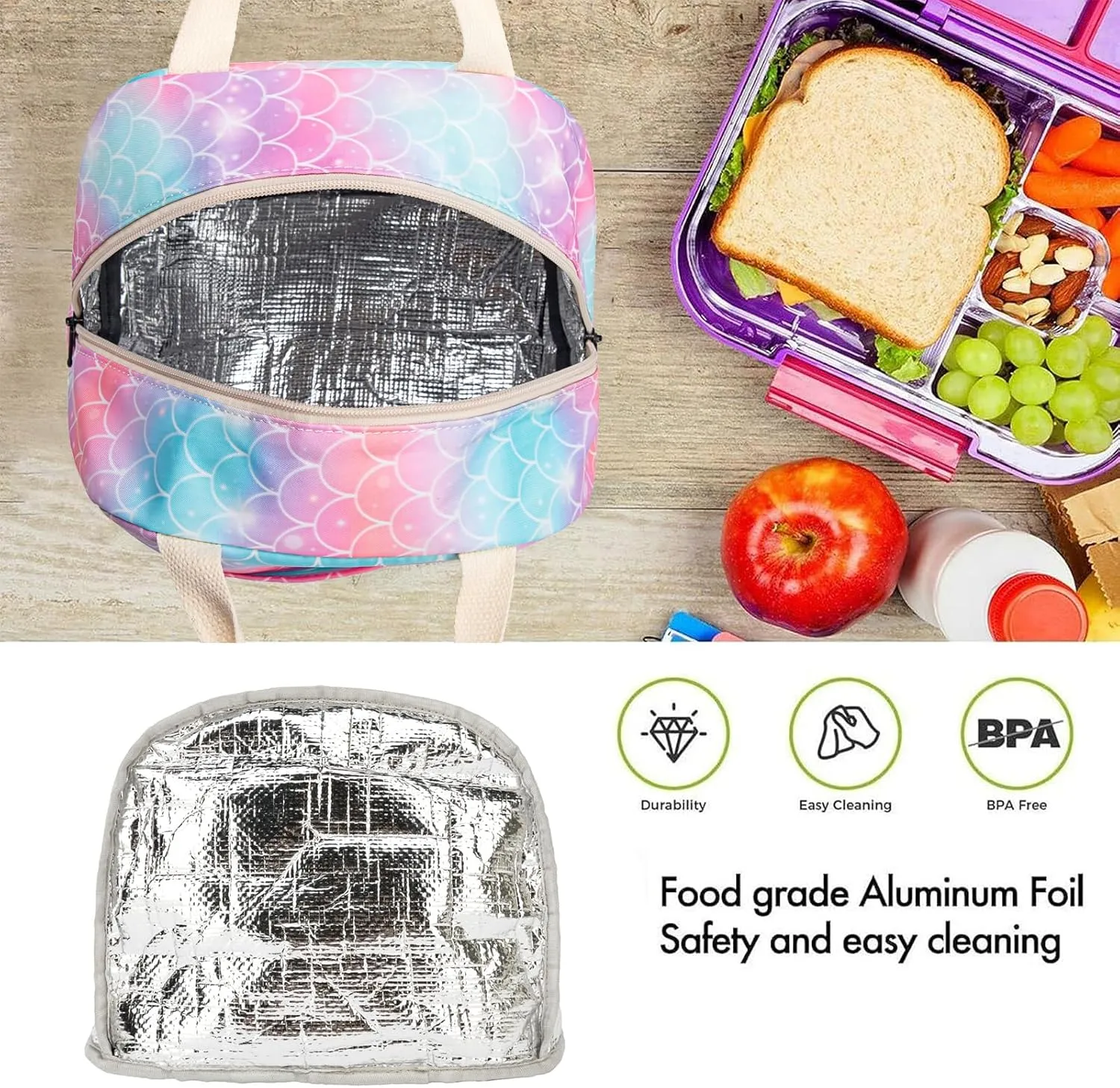 Fuyicat Mermaid Lunch Bag for Women Girls, Insulated Aluminum Foil Interior, 9.4x7x8.3 Inch, Perfect for Work, School, Picnics, Travel