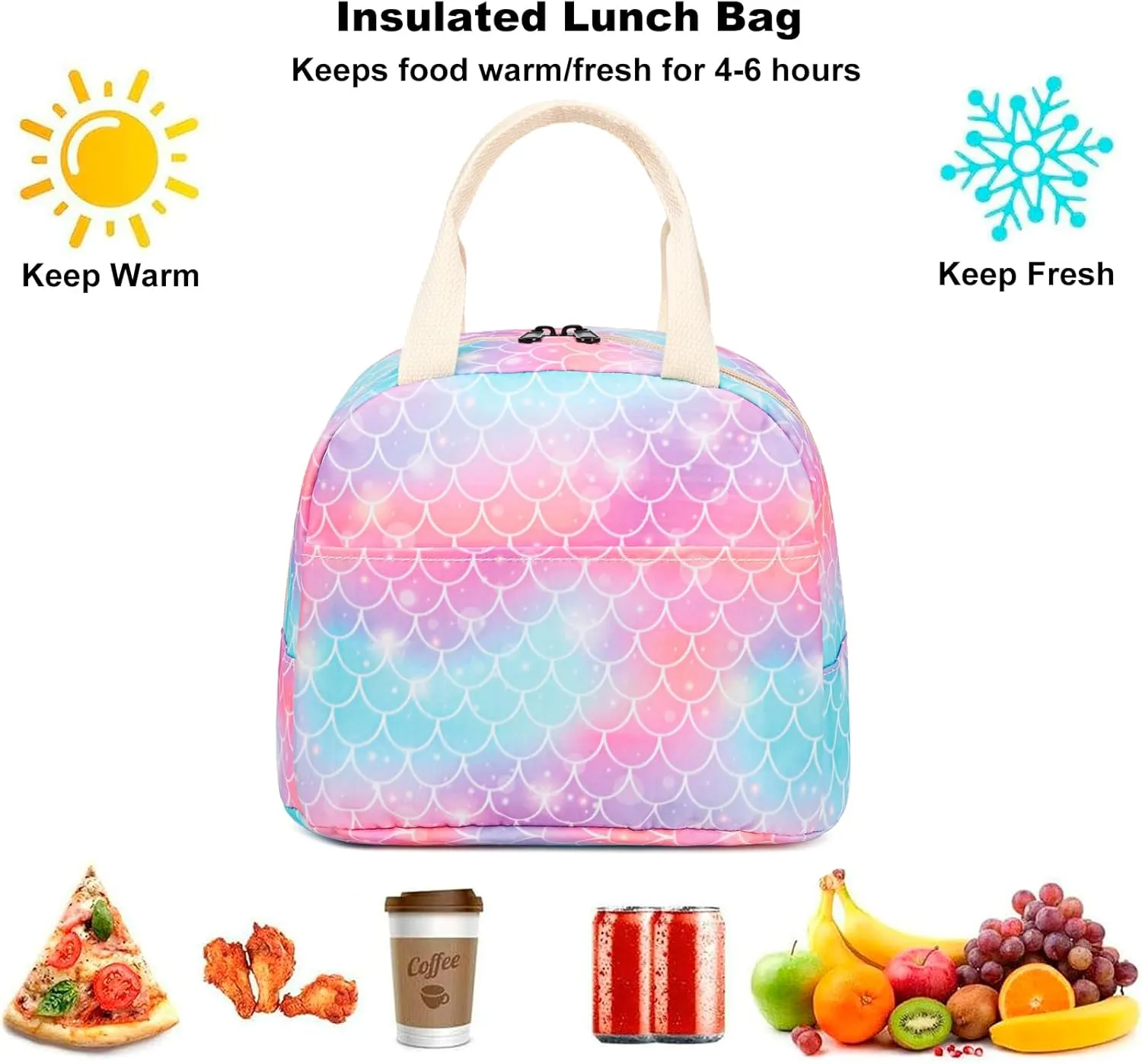 Fuyicat Mermaid Lunch Bag for Women Girls, Insulated Aluminum Foil Interior, 9.4x7x8.3 Inch, Perfect for Work, School, Picnics, Travel