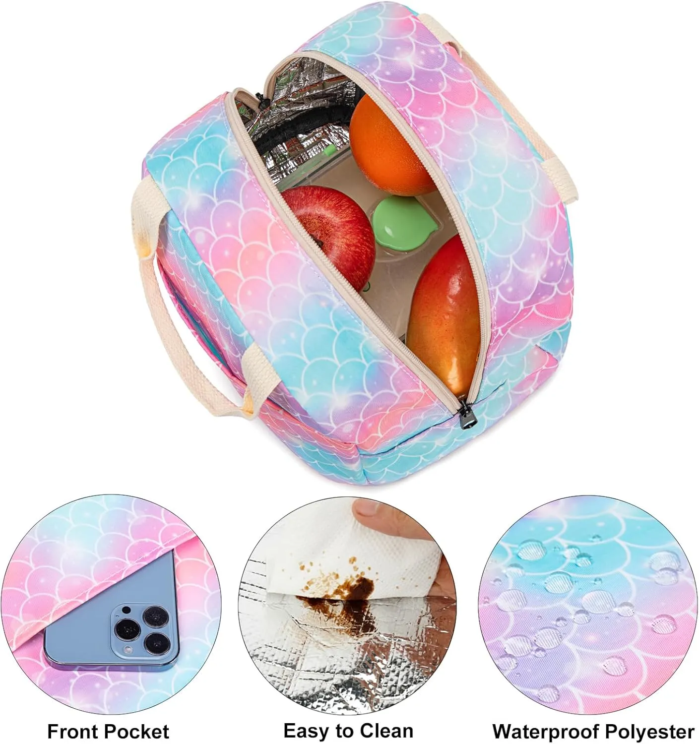 Fuyicat Mermaid Lunch Bag for Women Girls, Insulated Aluminum Foil Interior, 9.4x7x8.3 Inch, Perfect for Work, School, Picnics, Travel
