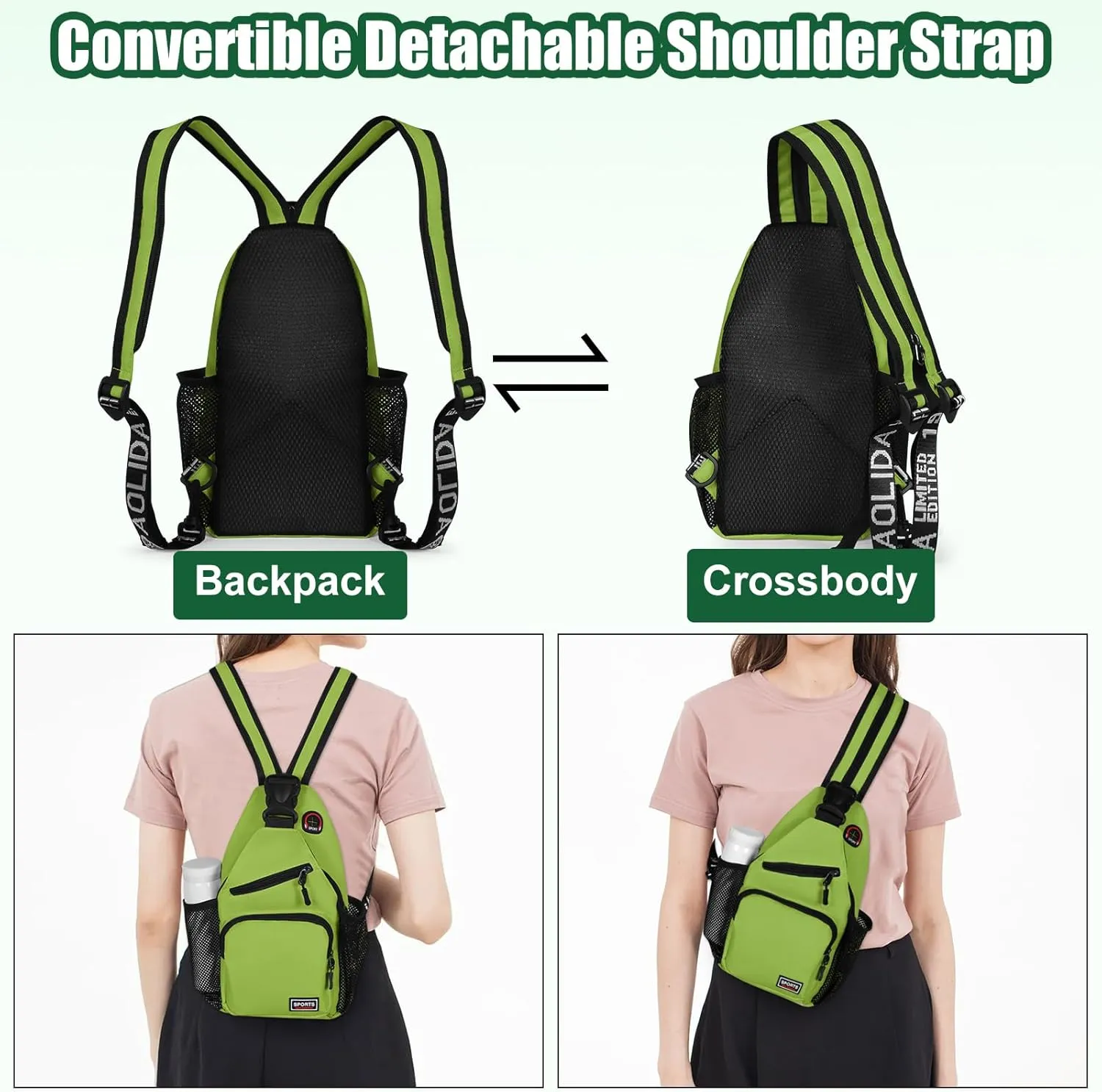 Geestock Crossbody Sling Bag Backpack for Men & Women, Convertible Shoulder Bag Waterproof Chest Bag For Daypack Travel Hiking (Green)