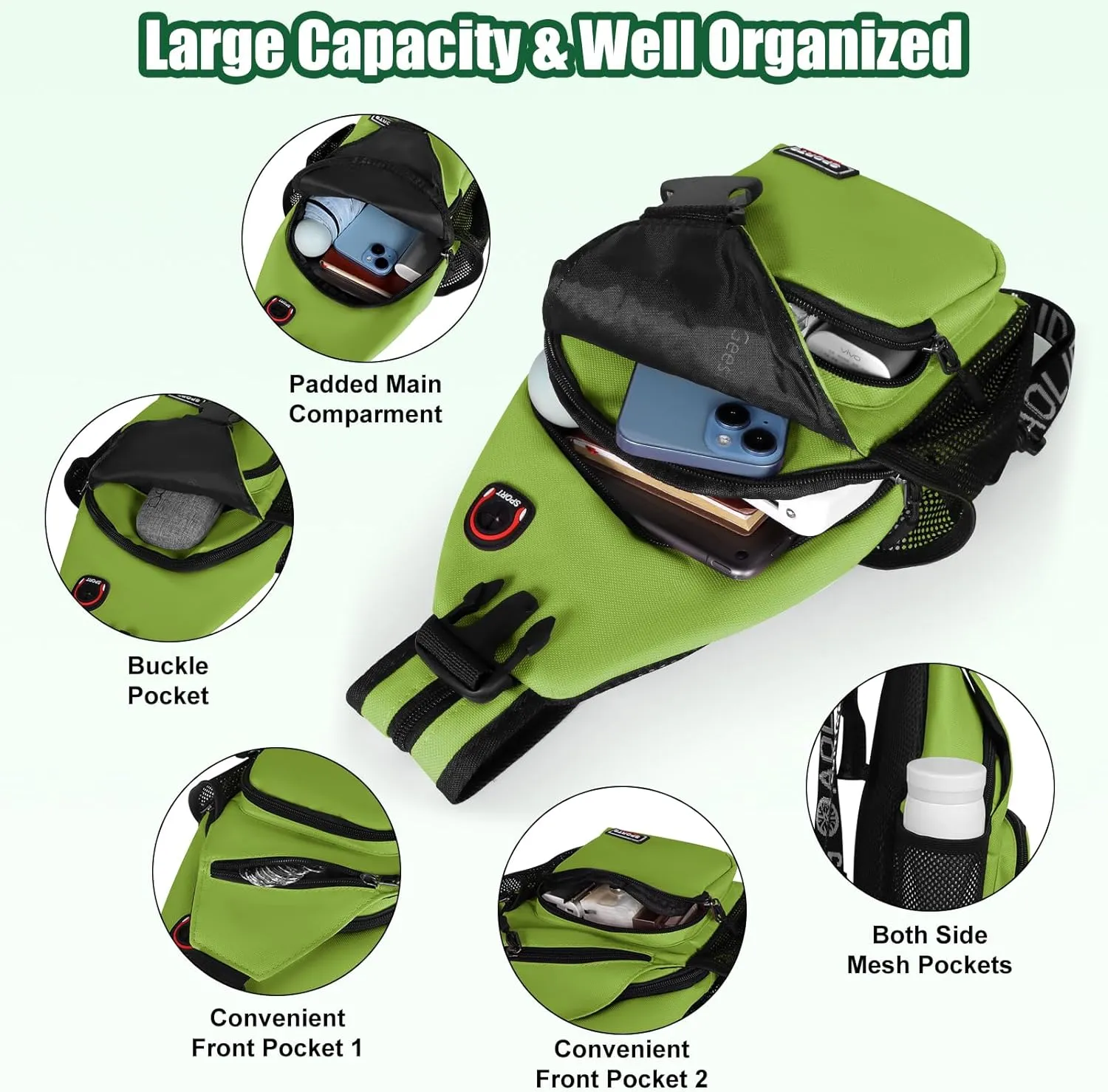 Geestock Crossbody Sling Bag Backpack for Men & Women, Convertible Shoulder Bag Waterproof Chest Bag For Daypack Travel Hiking (Green)