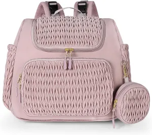 Geestock Diaper Bag Backpack, Multifunction Quilted Baby Diaper Bag with Changing Pad, Pacifier Case & Stroller Straps, Parents Essentials, Pink