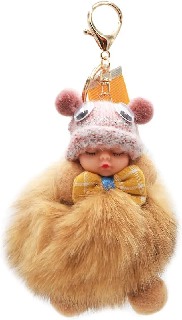 Genuine Fox Fur Baby Keychain with Bowtie - Adorable Pom-Pom Bag Purse Charm - Gold Ring Fluffy Fur Ball - Fashion Gift (Beige)