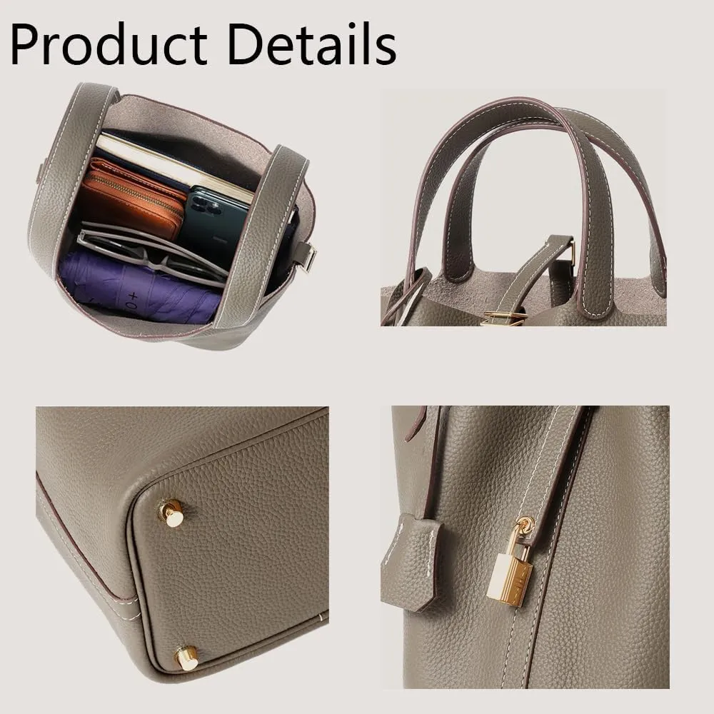 Genuine Leather Bucket Bag with Lock Closure, Vegetable Basket, Stylish and Versatile Shoulder bag, Spacious Tote Bag