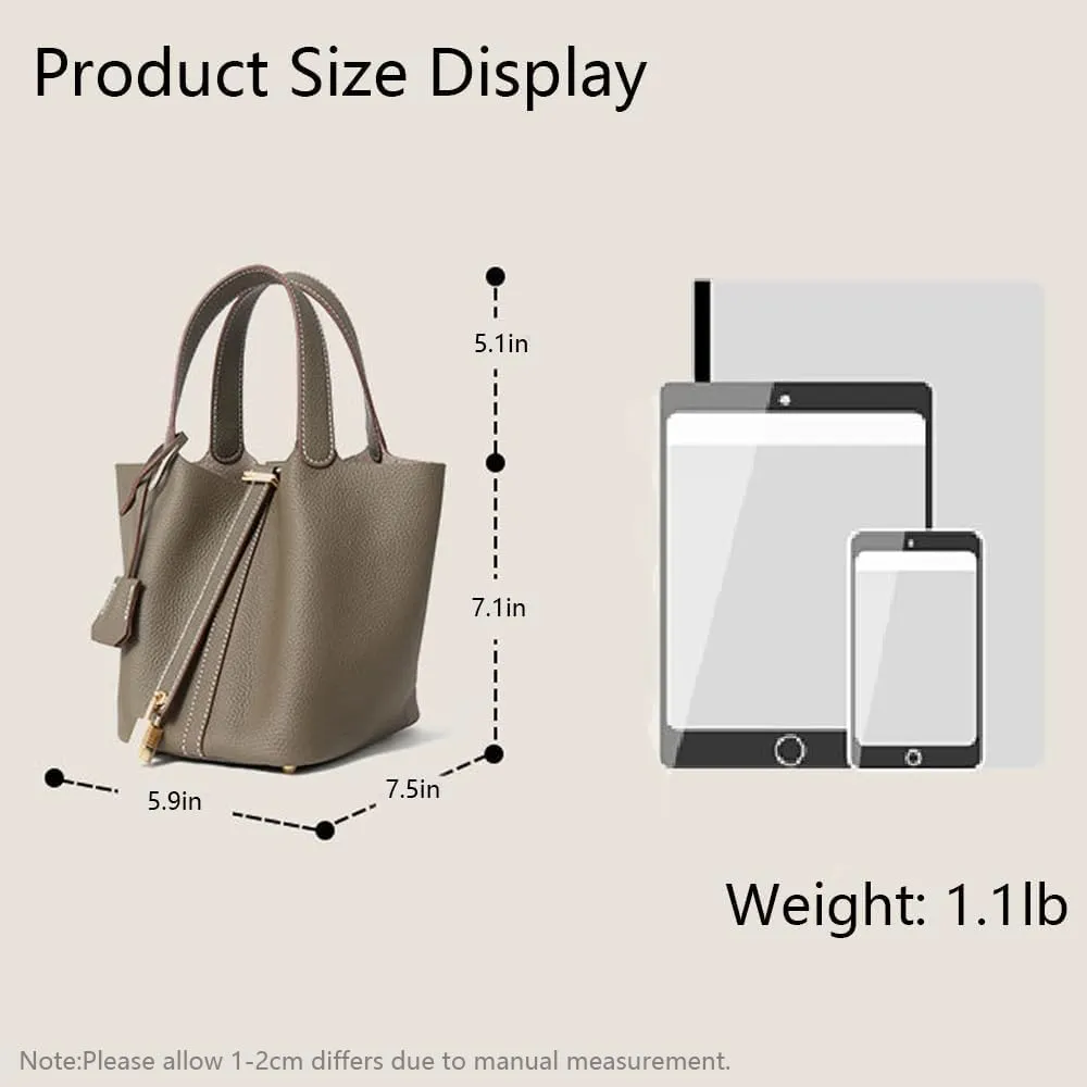 Genuine Leather Bucket Bag with Lock Closure, Vegetable Basket, Stylish and Versatile Shoulder bag, Spacious Tote Bag