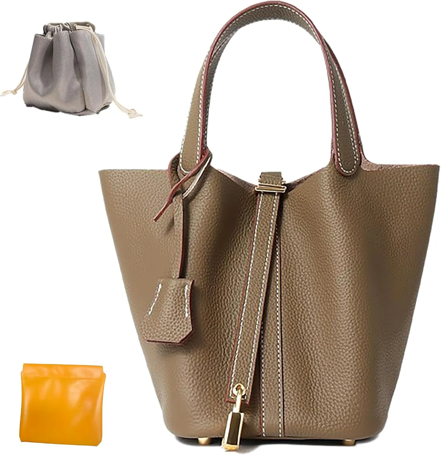 Genuine Leather Bucket Bag with Lock Closure, Vegetable Basket, Stylish and Versatile Shoulder bag, Spacious Tote Bag