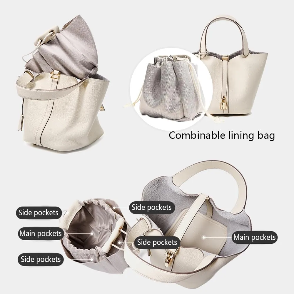 Genuine Leather Bucket Bag with Lock Closure, Vegetable Basket, Stylish and Versatile Shoulder bag, Spacious Tote Bag