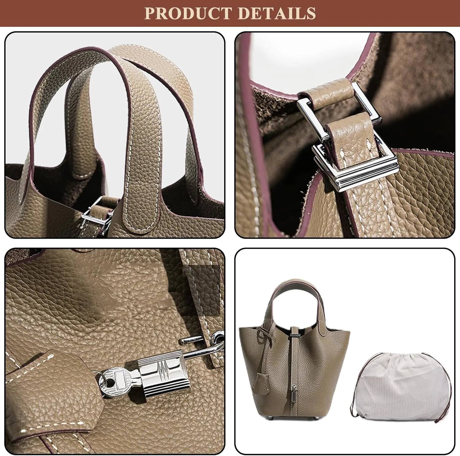 Genuine Leather Bucket Bag with Lock Closure, Vegetable Basket, Stylish and Versatile Shoulder bag, Spacious Tote Bag