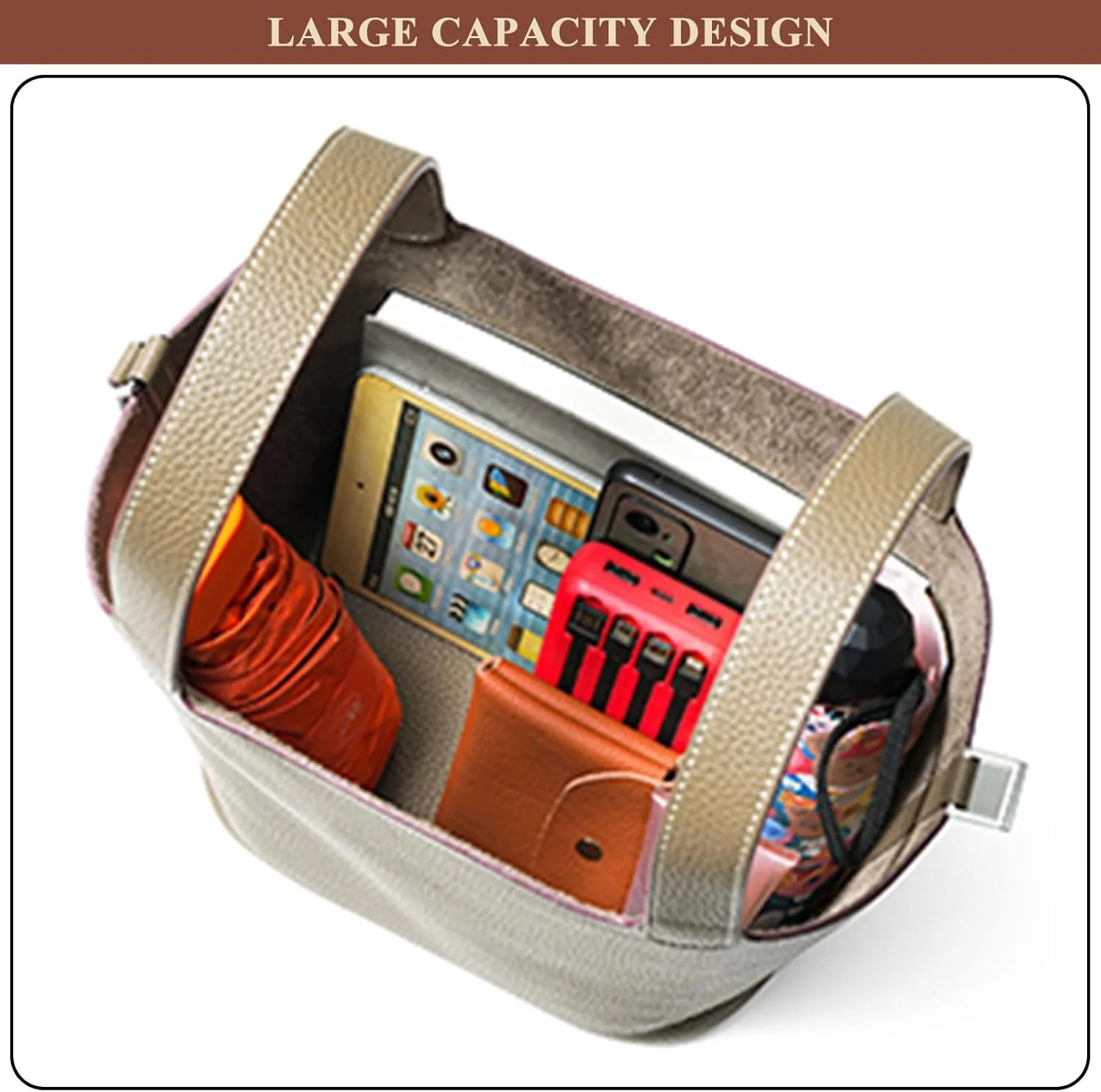 Genuine Leather Bucket Bag with Lock Closure, Vegetable Basket, Stylish and Versatile Shoulder bag, Spacious Tote Bag