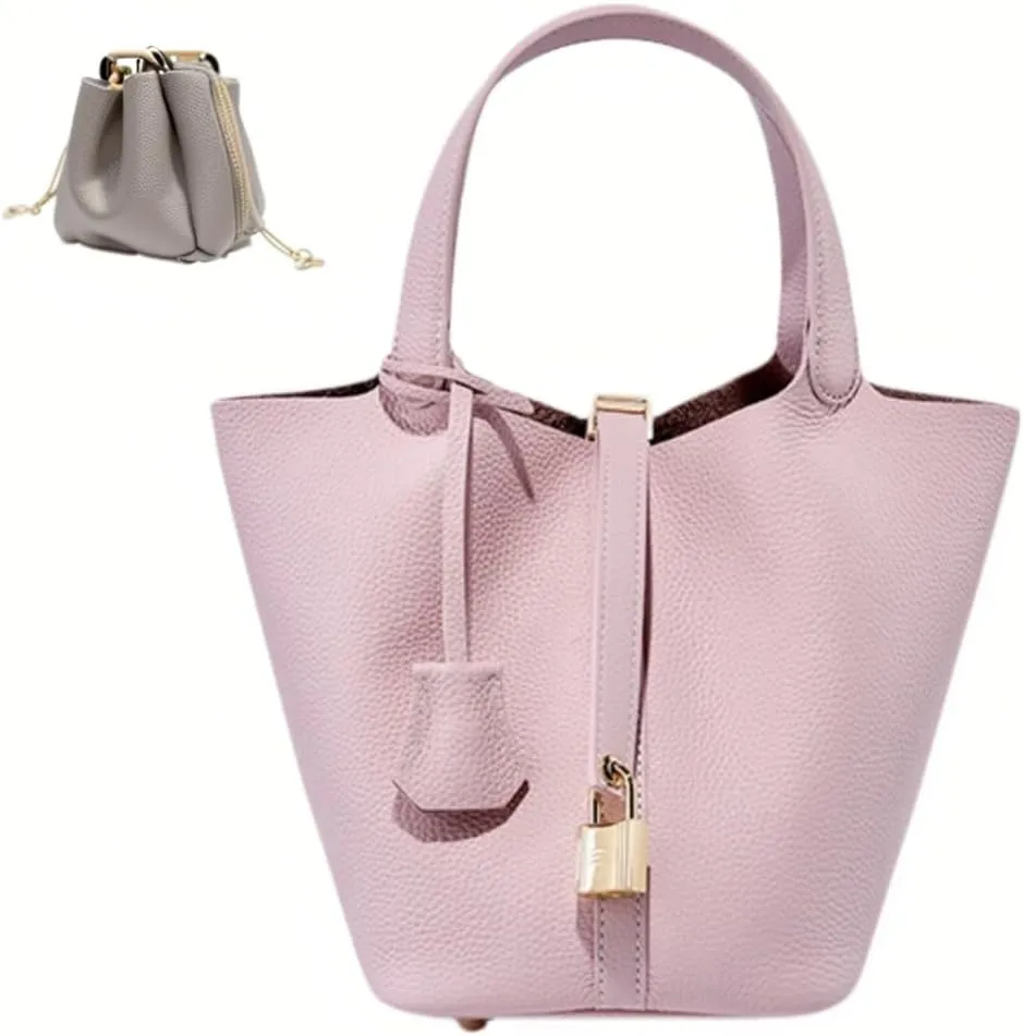 Genuine Leather Bucket Bag with Lock Closure, Vegetable Basket, Stylish and Versatile Shoulder bag, Spacious Tote Bag