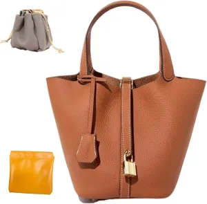 Genuine Leather Bucket Bag with Lock Closure, Vegetable Basket, Stylish and Versatile Shoulder bag, Spacious Tote Bag