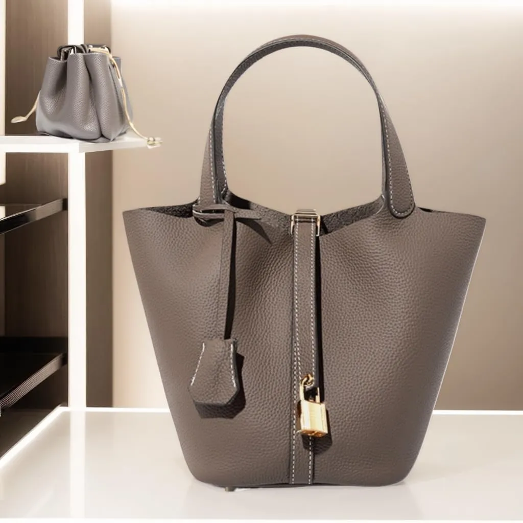 Genuine Leather Bucket Bag with Lock Closure, Vegetable Basket, Stylish and Versatile Shoulder bag, Spacious Tote Bag
