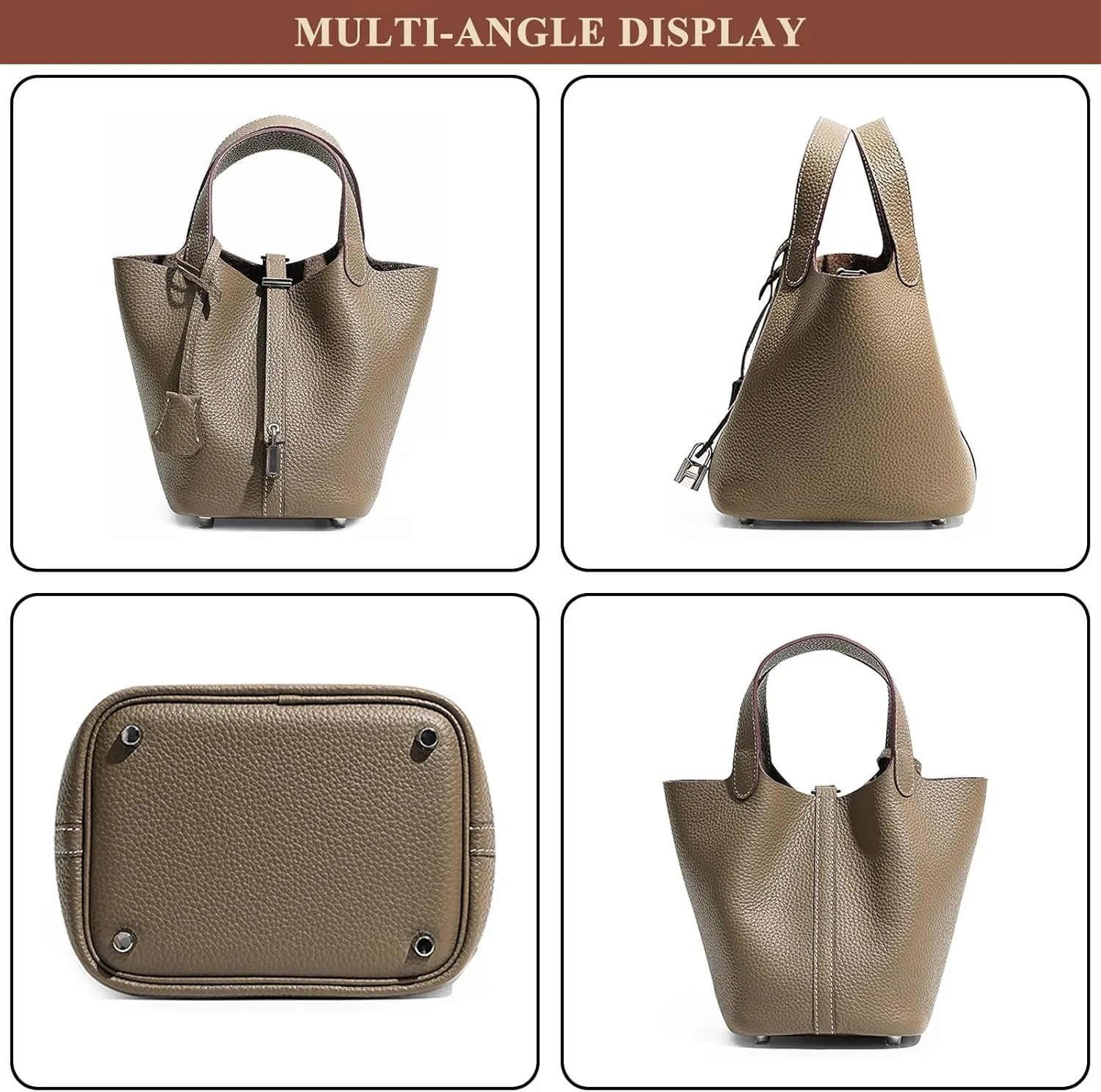 Genuine Leather Bucket Bag with Lock Closure, Vegetable Basket, Stylish and Versatile Shoulder bag, Spacious Tote Bag