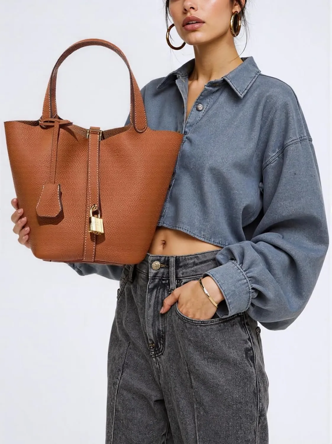 Genuine Leather Bucket Bag with Lock Closure, Vegetable Basket, Stylish and Versatile Shoulder bag, Spacious Tote Bag