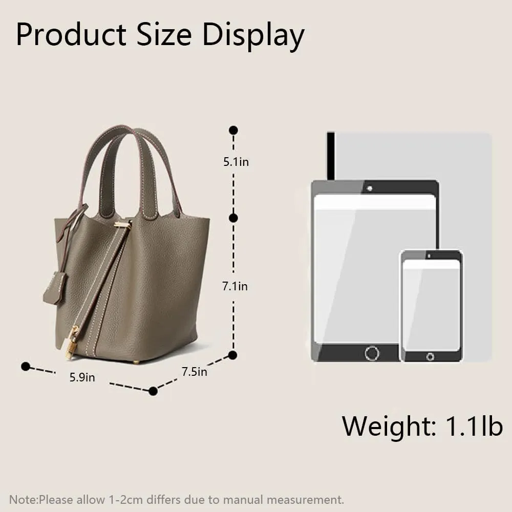 Genuine Leather Lock Design Bucket Bag Vegetable Basket, Fashionable and Versatile Shoulder Handbag
