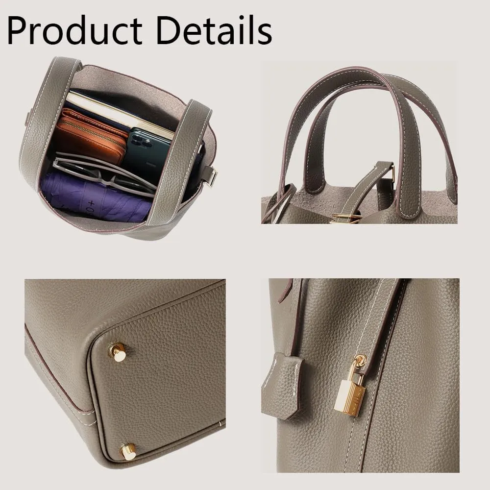 Genuine Leather Lock Design Bucket Bag Vegetable Basket, Fashionable and Versatile Shoulder Handbag