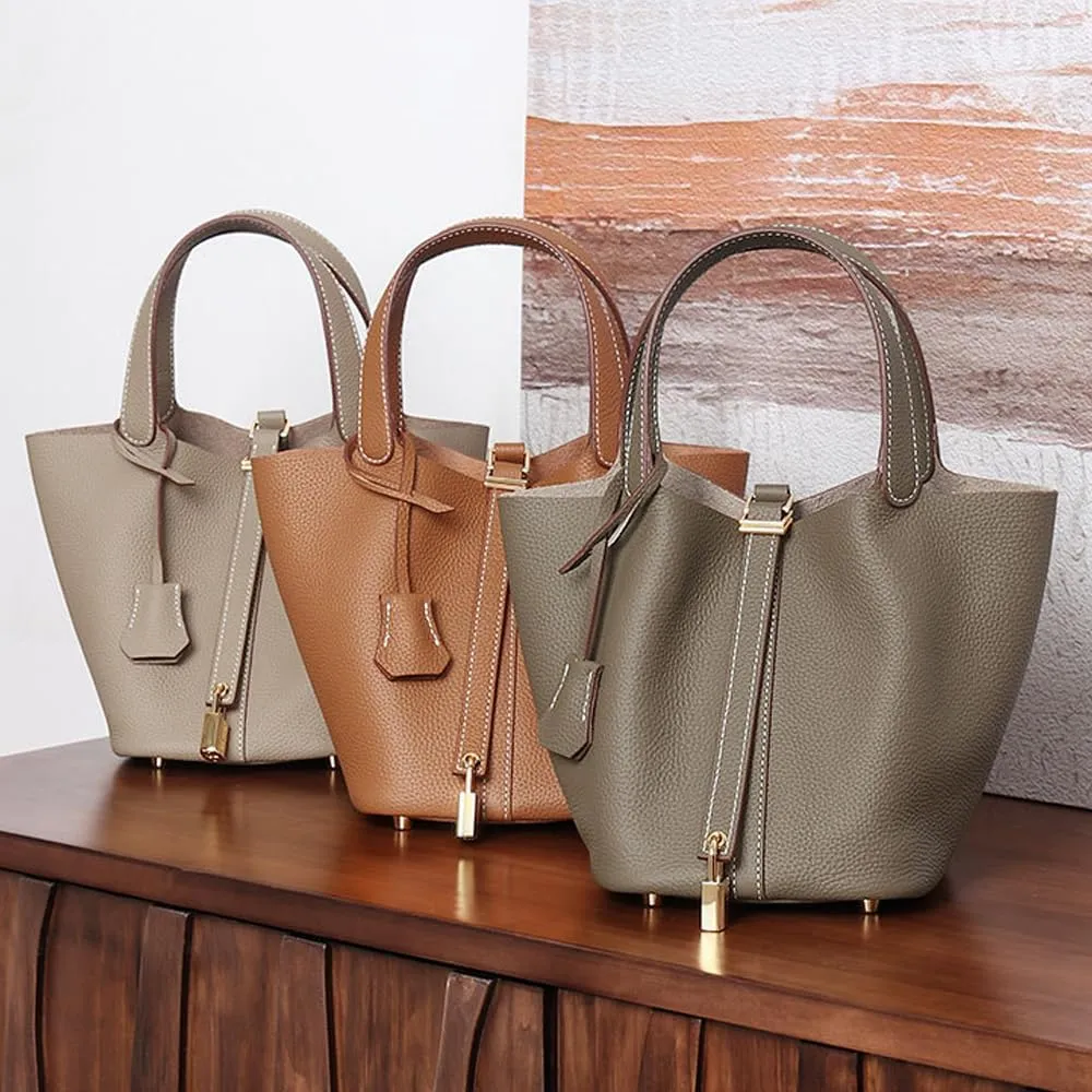 Genuine Leather Lock Design Bucket Bag Vegetable Basket, Fashionable and Versatile Shoulder Handbag