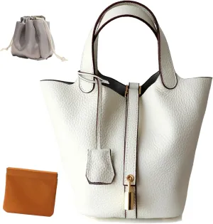 Genuine Leather Lock Design Bucket Bag Vegetable Basket, Fashionable and Versatile Shoulder Handbag