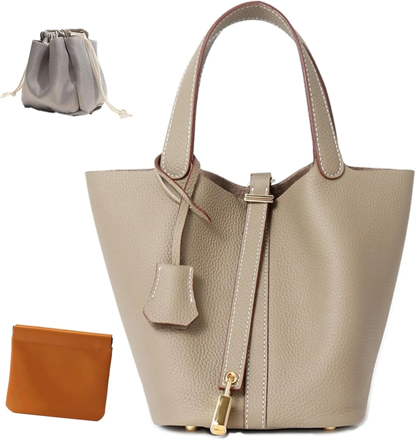 Genuine Leather Lock Design Bucket Bag Vegetable Basket, Fashionable and Versatile Shoulder Handbag