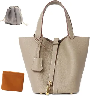 Genuine Leather Lock Design Bucket Bag Vegetable Basket, Fashionable and Versatile Shoulder Handbag