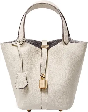 Genuine Leather Lock Design Bucket Bag Vegetable Basket Fashionable And Versatile Single Shoulder Handbag