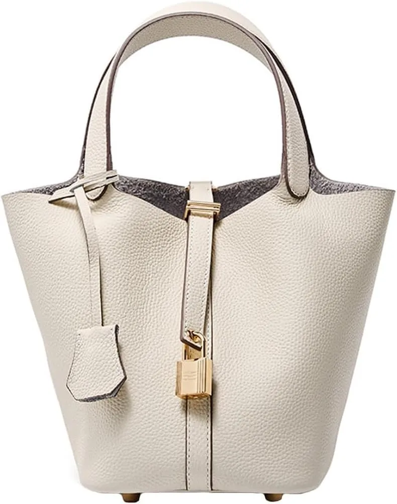 Genuine Leather Lock Design Bucket Bag Vegetable Basket Fashionable And Versatile Single Shoulder Handbag