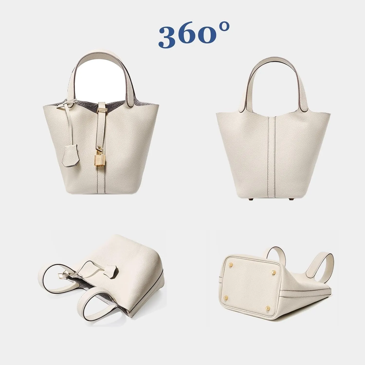 Genuine Leather Lock Design Bucket Bag Vegetable Basket Fashionable And Versatile Single Shoulder Handbag