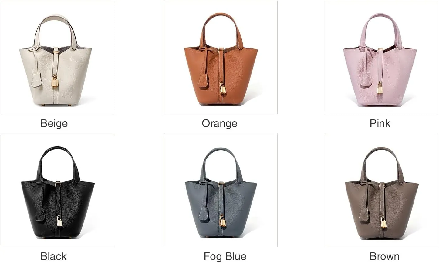 Genuine Leather Lock Design Bucket Bag Vegetable Basket Shoulder Handbag