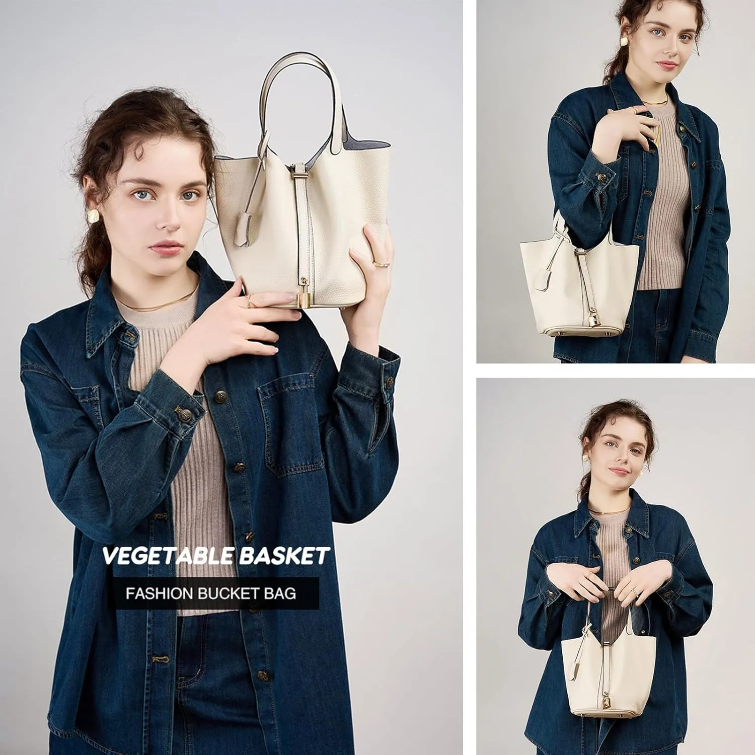Genuine Leather Lock Design Bucket Bag Vegetable Basket Shoulder Handbag