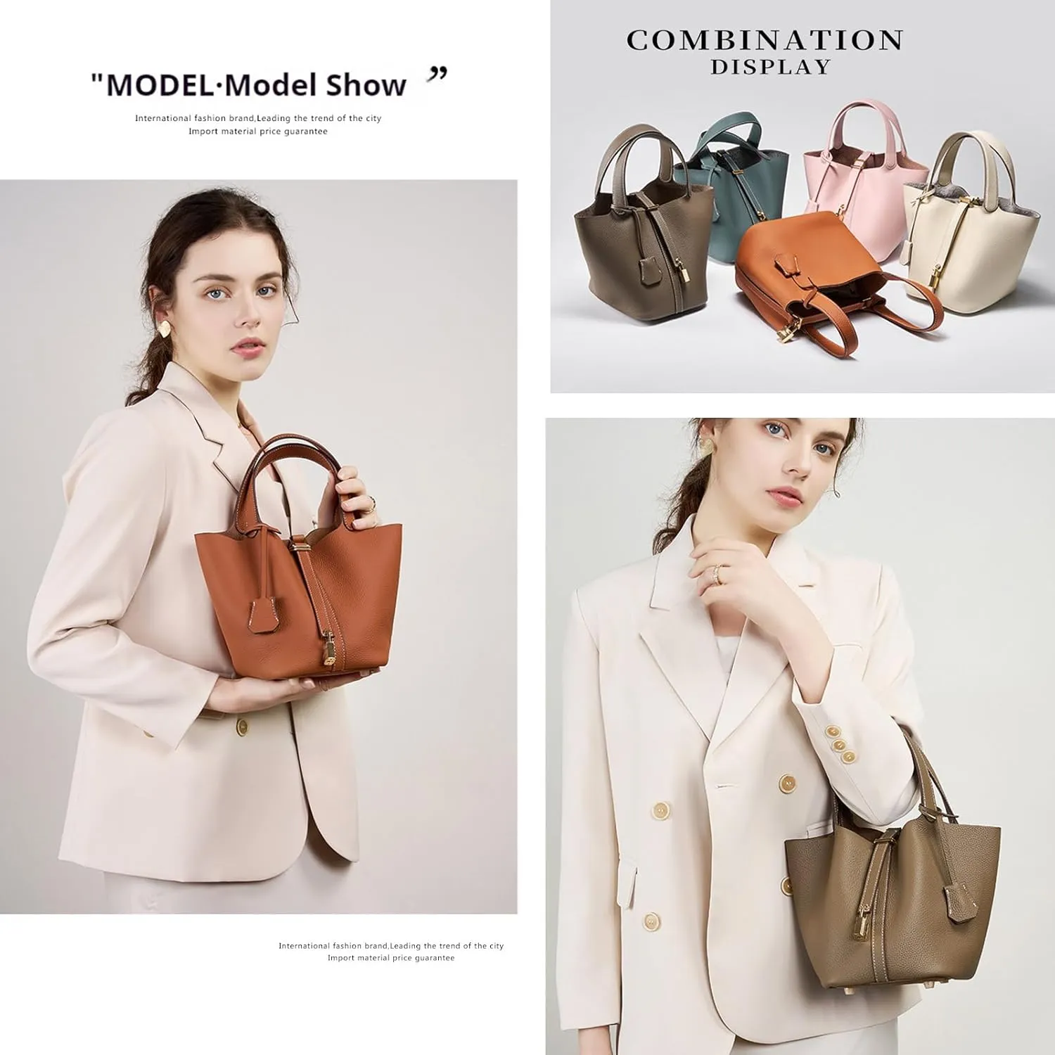 Genuine Leather Lock Design Bucket Bag Vegetable Basket Shoulder Handbag