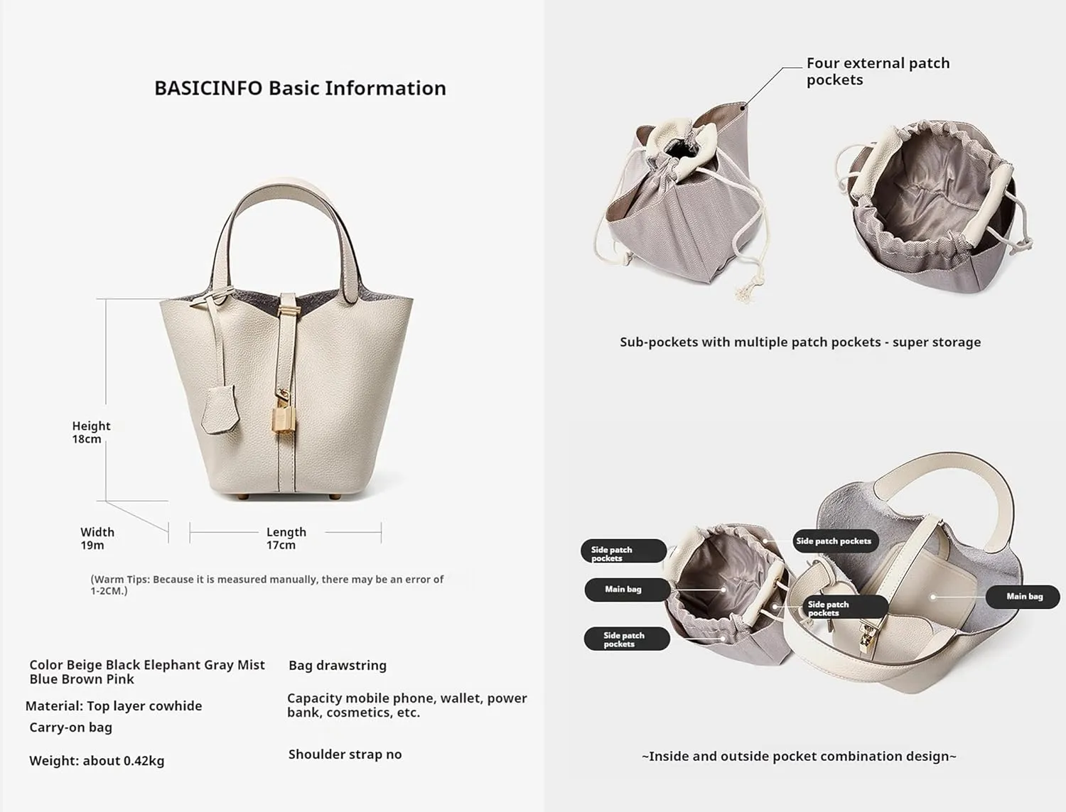 Genuine Leather Lock Design Bucket Bag Vegetable Basket Shoulder Handbag